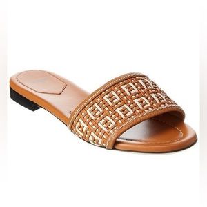Fendi Tan FF Monogram Logo Interwoven Leather Slides Flat Sandals - size 41.5
